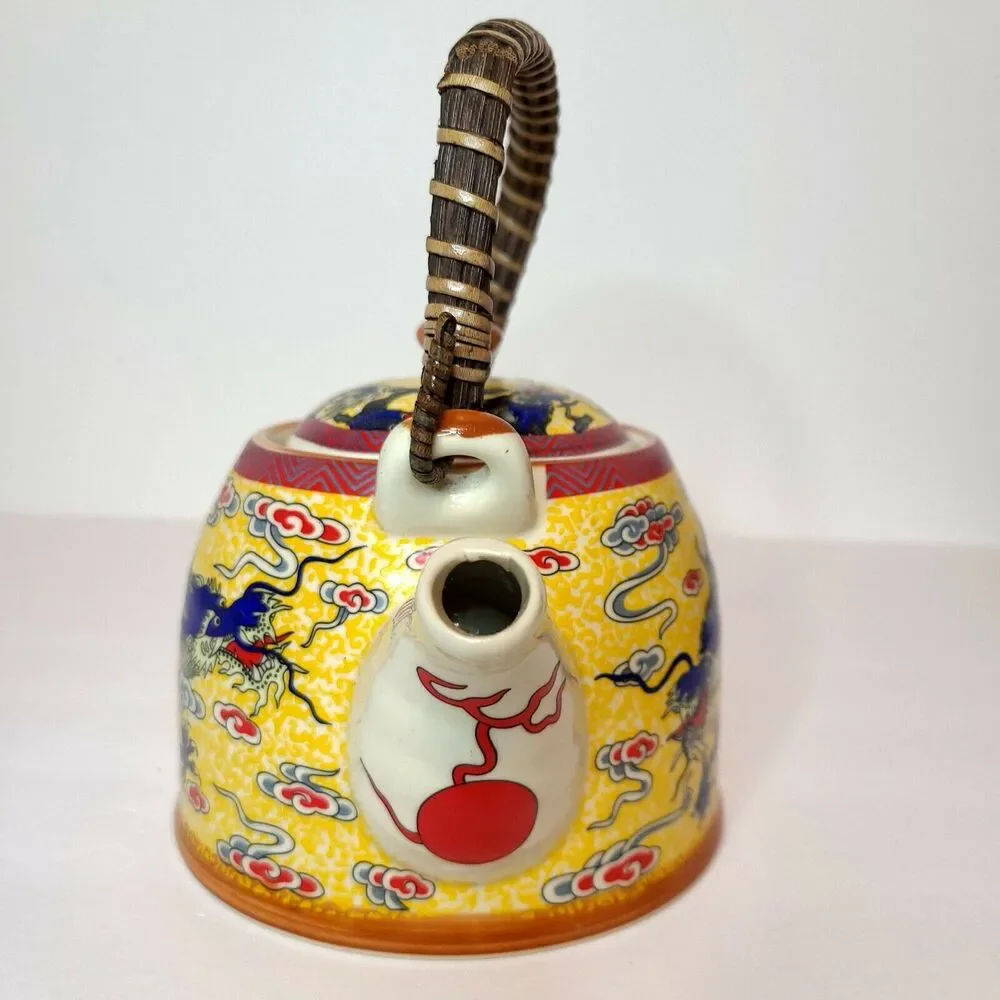 Mia Ko's Blue Dragon & Yellow Ceramic Textured Teapot‎ Chinese Dragon Loong Lung